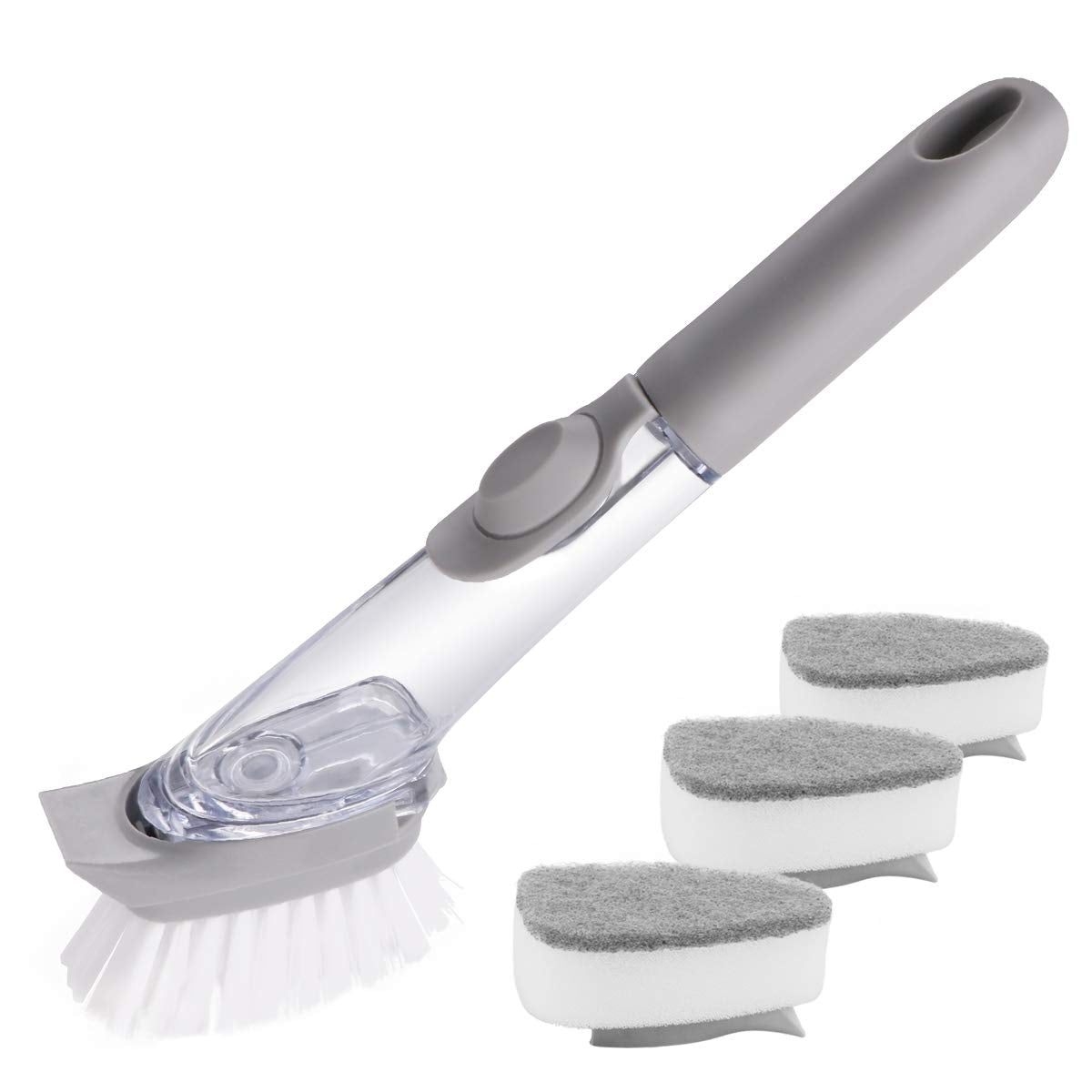 Multi-purpose Dish Brush With Soap Dispenser - Gray Dish Brush With 3  Interchangeable Sponge Heads - Dish Brush With Soap Dispenser For Pot